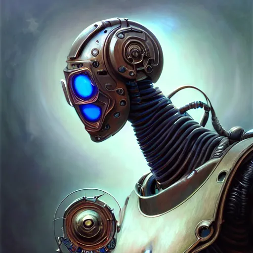 Image similar to front low angle shot of a cyberpunk gazmask robot character, intricate, elegant, highly detailed, centered, digital painting, artstation, concept art, smooth, sharp focus, illustration, artgerm, Tomasz Alen Kopera, Peter Mohrbacher, donato giancola, Joseph Christian Leyendecker, WLOP, Boris Vallejo