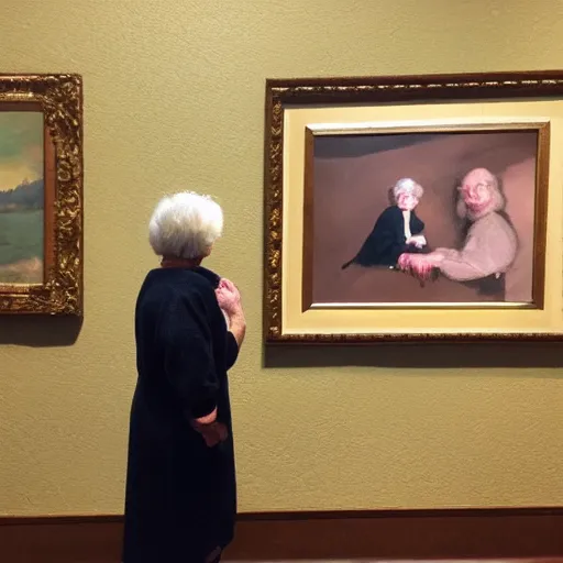 Image similar to old woman staring at a painting of her younger self