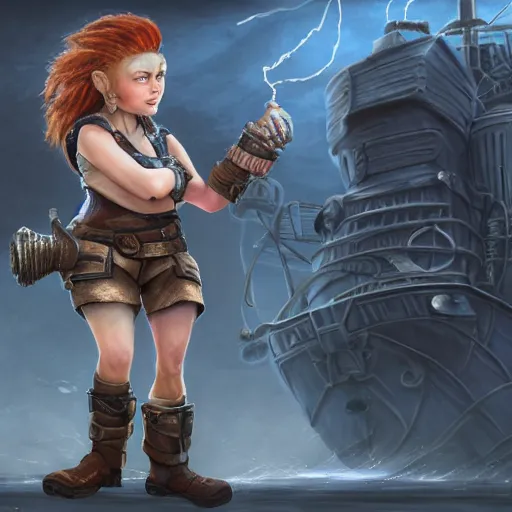 Prompt: realistic full body portrait of a real-life scrappy female gnome engineer with pixie undercut hair, one of her arms is a prosthetic metal thunder gauntlet, standing on a ship deck, thunder fantasy magic, naval background, D&D, highly detailed, digital painting, HD, trending on ArtStation, dark fantasy, great composition, concept art, matte, sharp focus, illustration, by Greg Rutkowski