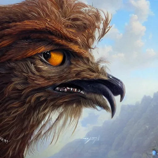 Image similar to a realistic oil painting portrait of a griffon, highly detailed, trending on artstation, by james gurney and michael whelan