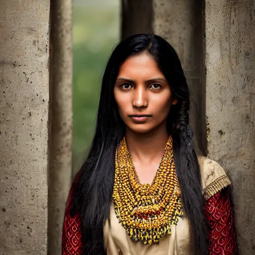 Image similar to a portrait of a stunningly beautiful nepali female, dark eyes, dark hair, olive skin, depth of field, zeiss lens, detailed, symmetrical, centered, fashion photoshoot, by Annie Leibovitz and Steve McCurry, David Lazar, Jimmy Nelsson, Breathtaking, 8k resolution, extremely detailed, beautiful, establishing shot, artistic, hyperrealistic, beautiful face, octane render