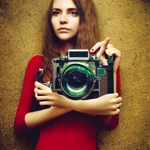 Prompt: lomo photograph, intricate detail, hyper detail, young beautifull woman, joyfull, full body potrait holding a timemachine, hazel green eyes, realistic, highlydetailed, natural, model shoot, masterpiece, sharp focus,