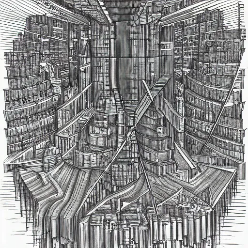 Prompt: the human brain in the form of a city of sky scrapers, gustav dore, line art