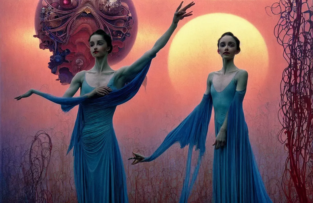 Image similar to realistic detailed portrait movie shot of a prima ballerina wearing a dark robes, sci fi city landscape background by denis villeneuve, amano, yves tanguy, alphonse mucha, ernst haeckel, max ernst, roger dean, masterpiece, rich moody colours, dog teeth, blue eyes, sunset