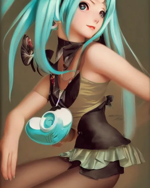 Image similar to Hatsune Miku by Gil Elvgren and Daniela Uhlig