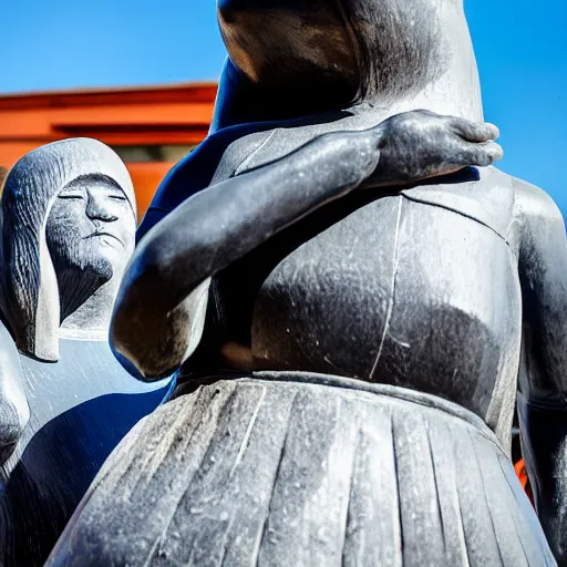 Image similar to humans praying to a statue of a giant obsidian evil baby harp seal ultra modern statue, Leica, 4k photo