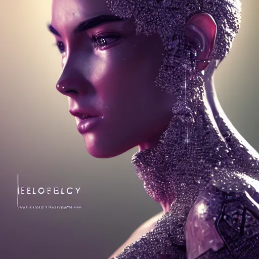 Image similar to full body detailed, ethereal, biomechanical, covered in diamonds and other gems glowing, highly detailed face, elegant posed, intricate, extremy detailed, beeple, cgsociety, 3 d unreal engine octane render. cinematic lighting, highly detailed 4 k art