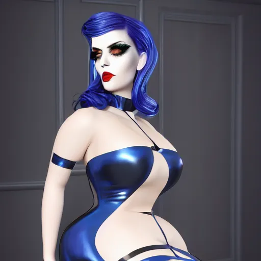 Image similar to a feminine curvy pale hot goth sweetie wearing a royal blue-silver-gold-black latex-nylon high-neck dress, dark eyeshadow, eyelashes, cgsociety, photorealistic, sublime-hyperadvanced-amorous ambience, 16k, smooth, sharp focus, trending on ArtStation, volumetric lighting, fully clothed, thin waist