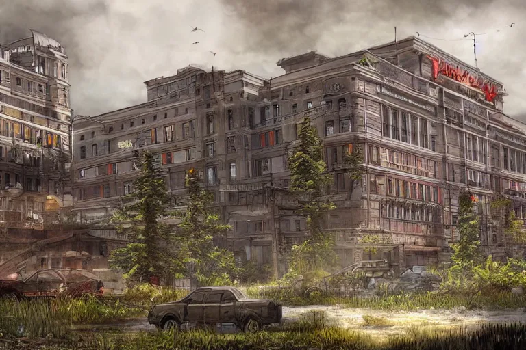 Image similar to realistic digital concept art of palliser hotel, calgary alberta being reclaimed by nature in the last of us, or horizon zero dawn, and tokyo genso style