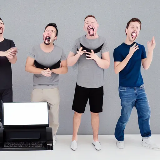 Prompt: several guys typing on keyboard while laughing very hard, mouth wide open tsticking tongues out, studio light, grey background, photorealsitic