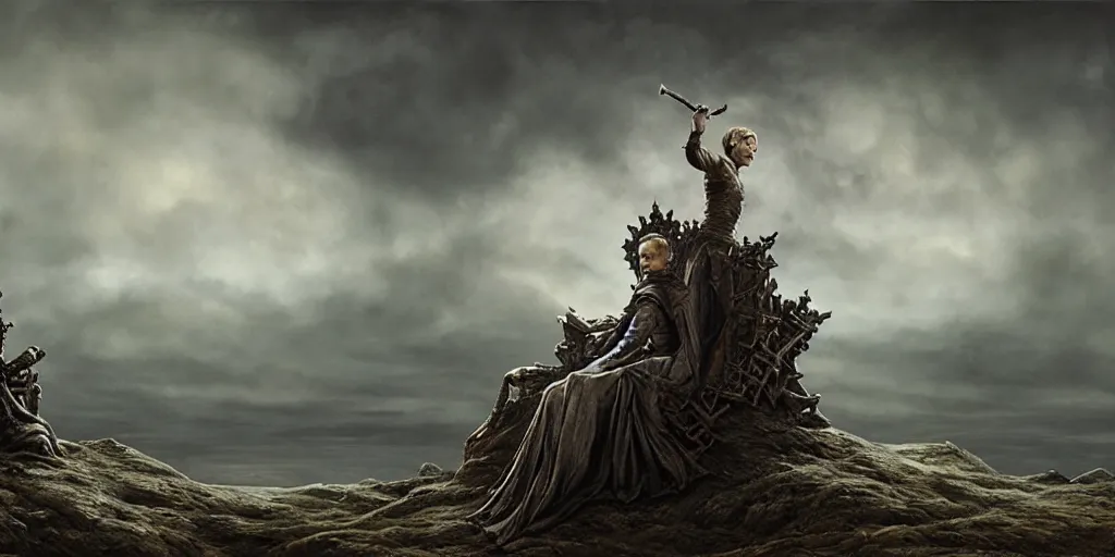 Image similar to Jack Gleeson as King Joffrey Baratheon sitting on the Iron Throne, Les Edwards, Zdzislaw Beksinski, Carl Gustav Carus, John Harris, Michal Karcz, Zhang Kechun, Mikko Lagerstedt, Scott Listfield, Steven Outram, Jessica Rossier