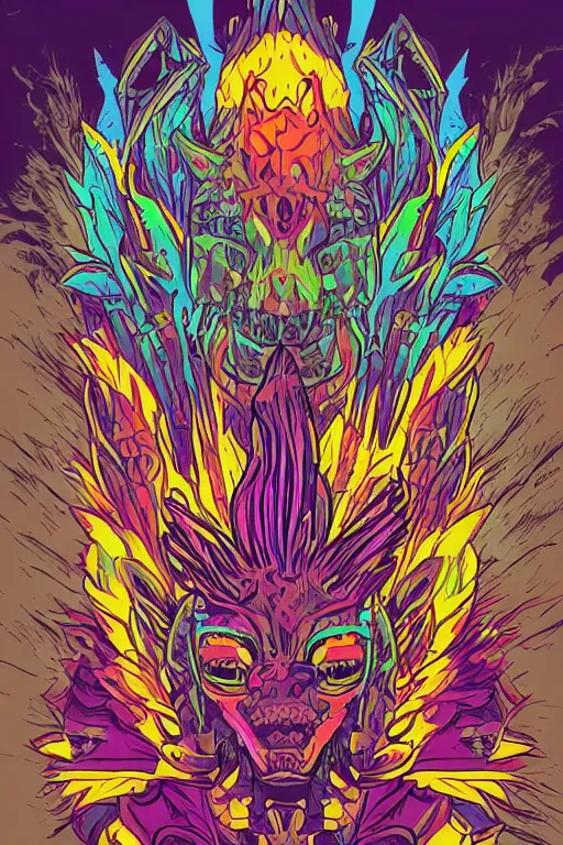 Image similar to animal mask totem roots flower tribal feather gemstone plant wood rock shaman vodoo video game vector cutout illustration vivid multicolor borderlands comics by josan gonzales and dan mumford radiating a glowing aura