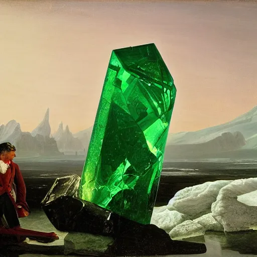 Image similar to ominous emerald crystal emerging from ice, at night, by frederic church, by kent monkman, by caspar david friedrich, king's quest, sierra games