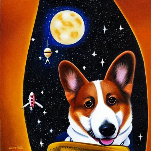 Image similar to surrealist painting of a corgi astronaut floating in outer space