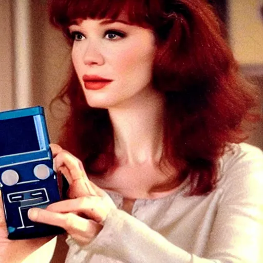 Image similar to a still of Christina Hendricks playing with a Gameboy, in the movie Lifeforce (1985), highly detailed and intricate, cinematic lighting, 8k remastered HDR