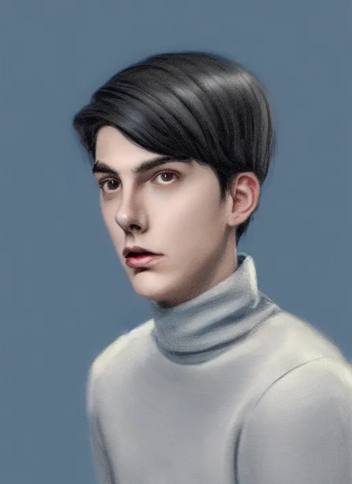 Image similar to portrait of teenage jughead jones wearing a light grey crown, crown, blue turtleneck, 1 9 5 0 s, closed eyes, photorealistic, black hair, glowing lighting, intricate, elegant, glowing lights, highly detailed, digital painting, artstation, concept art, smooth, sharp focus, illustration, art by wlop, mars ravelo and greg rutkowski