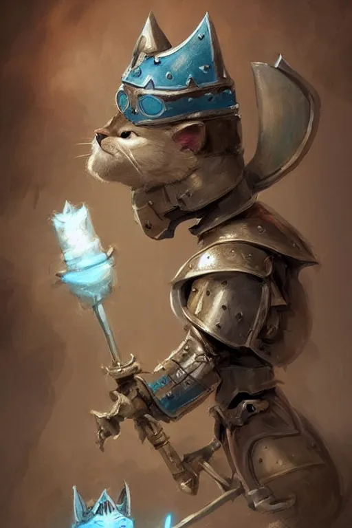 Image similar to cute little anthropomorphic cat knight wearing a cape and a crown, tiny, small, miniature cat , baby animal, short, pale blue armor, cute and adorable, pretty, beautiful, DnD character art portrait, matte fantasy painting, DeviantArt Artstation, by Jason Felix by Steve Argyle by Tyler Jacobson by Peter Mohrbacher, cinematic lighting