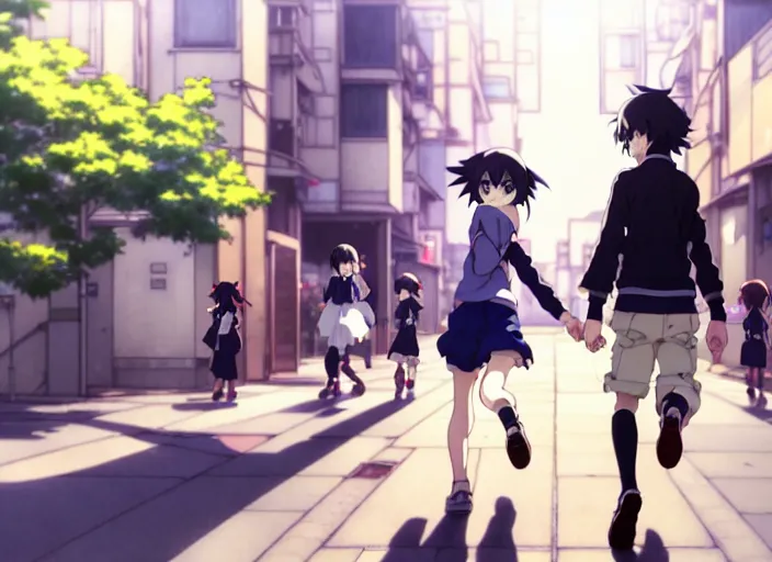 Prompt: a film still portrait of an anime boy and anime girl running towards each other, finely detailed features, closeup at the faces, perfect art, at a city street, gapmoe yandere grimdark, trending on pixiv fanbox, painted by greg rutkowski makoto shinkai takashi takeuchi studio ghibli, akihiko yoshida