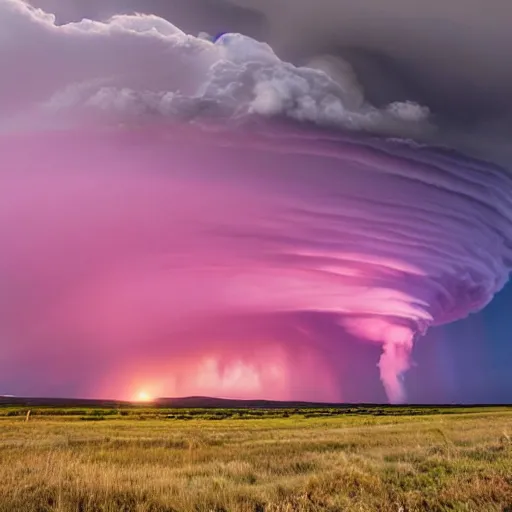 Prompt: high res West Texas storm chaser Laura Rowe captured the picture of a lifetime, fantastic shot of a mature supercell thunderstorm, illuminated at varying heights from the setting sun 4k