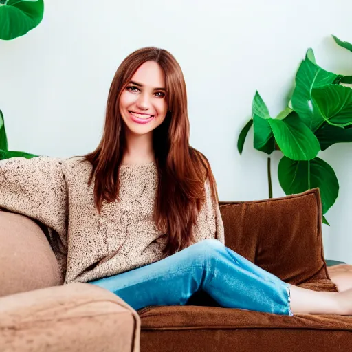 Image similar to a cute young woman smiling, long shiny bronze brown hair, full round face, green eyes, medium skin tone, light cute freckles, smiling softly, wearing casual clothing, relaxing on a modern couch, interior lighting, cozy living room background, medium shot, mid-shot, soft focus