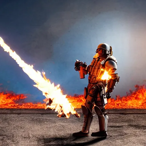 Image similar to angry man in juggernaut armor burning a desktop tower pc with a military flamethrower