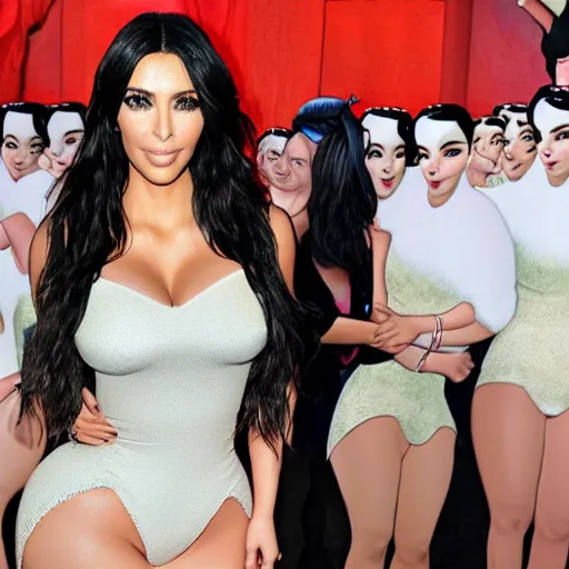 Prompt: Kim kardashian as snow White beside the dwarfs, full body, full shot
