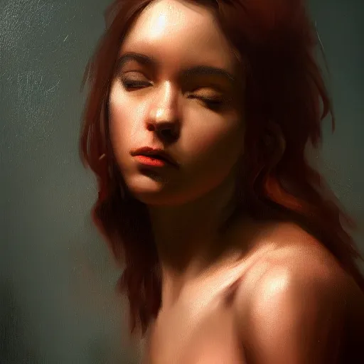 Image similar to a young woman, dramatic lighting, chiaroscuro, high detail, painted by romain jouandeau, trending on artstation