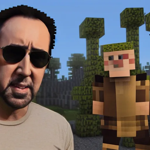 Image similar to Nicolas Cage in Minecraft, actual screenshot, 4k, hdr, RTX on, ultra settings,