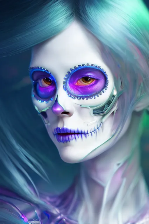 Image similar to ultra detailed, ethereal closeup photo of female android, flowerpunk, sharp focus, no blur, studio photo, floodlight, fantasy art, octane render, unreal engine, dia de los muertos, photorealistic concept art, triadic color scheme, art by artgerm and wlop and giger and greg rutkowski and alphonse mucha, 8 k