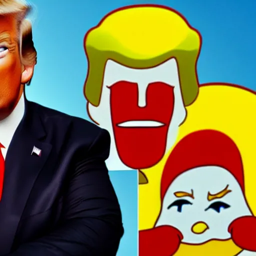 Image similar to A still of Donald Trump in Ronald McDonald's realistic,detailed,close up