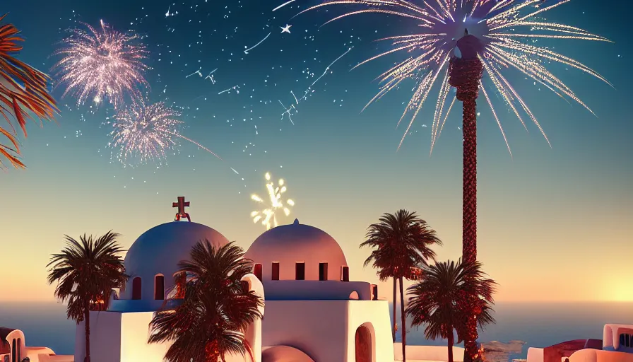 Image similar to 🌟🌜fireworks, Art Deco, in SANTORINI island, palm trees, crystal clear water, starry night, Trending artstation, octane render, cgsociety, surrealist, cinematic, shadow of the tomb rider