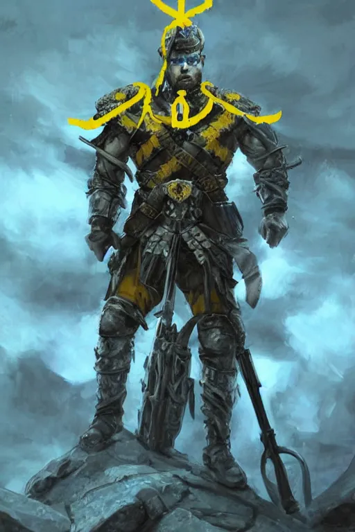 Image similar to a distant shot of a Ukrainian super soldier with blue and yellow flag behind him and a trident symbol on the chest standing alone on a huge pile of skulls posing as a winner, masculine muscular figure, D&D, fantasy, intricate, elegant, highly detailed, extremely detailed, digital painting, artstation, concept art, matte, smooth, sharp focus, illustration, art by Artgerm and Greg Rutkowski and Alphonse Mucha