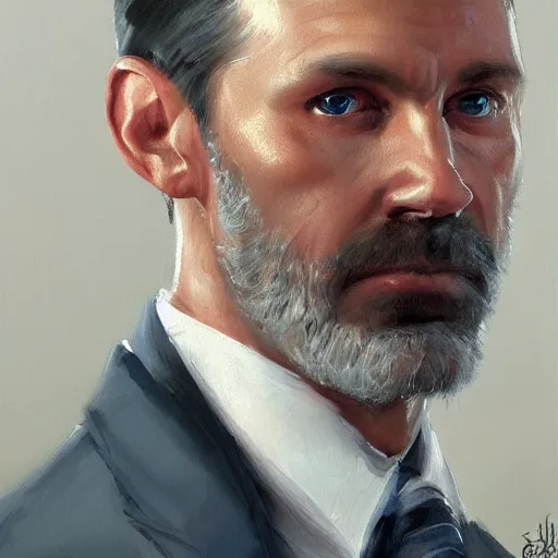 Prompt: A painting of a 40 year old man with sharp facial features and a light stubble, grey hair, blue eyes, beautiful and detailed, he is wearing a crimson red velvet suit, oil painting, by Greg Rutkowski, trending on artstation