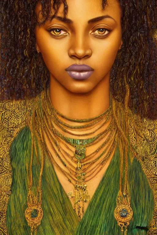 Image similar to Portrait of a Beautiful African female, sad green eyes, beautiful skin, elegant, jewellery, digital painting, Pre-Raphaelites, highly detailed, concept art, smooth, sharp focus, gold and indigo, illustration, art by Klimt .