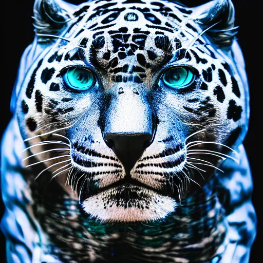 Image similar to portrait photography of a silver jaguar sculpture with glowing blue eyes