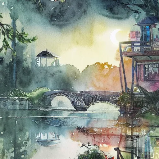 Image similar to Beautiful happy picturesque charming sci-fi town in harmony with nature. Beautiful light. Water and plants. Nice colour scheme, soft warm colour. Beautiful detailed watercolor by Lurid. (2022)