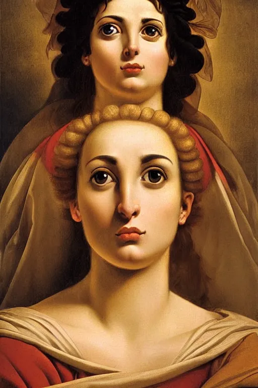 Image similar to beautiful woman, scared face, closeup, dressed in roman clothes, ultra detailed, art by Guido Reni style