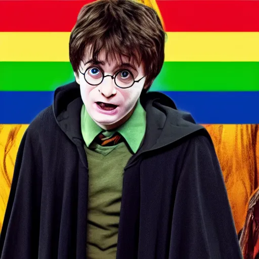 Image similar to harry potter hugging voldemort pride flag in background