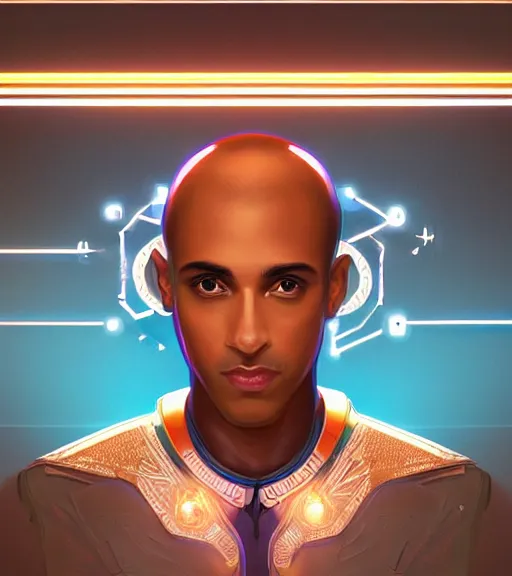 Image similar to symmetry!! egyptian prince of technology, solid cube of light, hard edges, product render retro - futuristic poster scifi, lasers and neon circuits, brown skin man egyptian prince, intricate, elegant, highly detailed, digital painting, artstation, concept art, smooth, sharp focus, illustration, dreamlike, art by artgerm