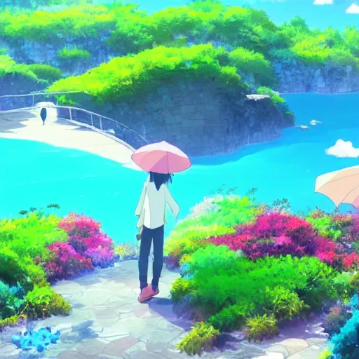 Prompt: azure bliss lagoon with brand new colors, anime landscape, makoto shinkai and hayao miyazaki, breathtaking, colourful,