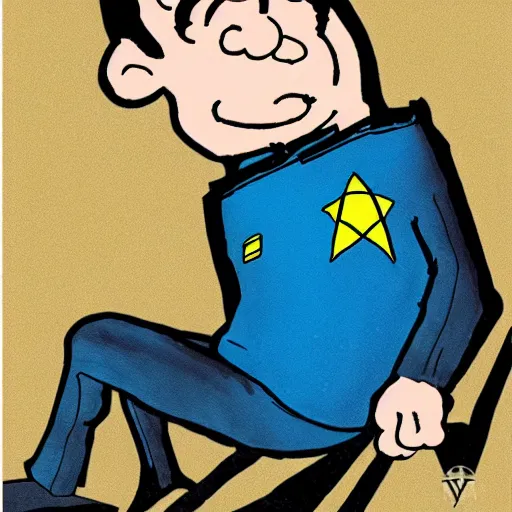 Prompt: chris kattan as spock on board uss enterprise in the style of charles schulz, star trek, peanuts, comic, cartoon, smooth lines