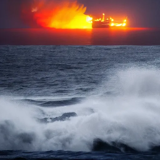 Image similar to large ship being tossed about in a fiery storm in the sea, dark, low light, terrifying, beautiful