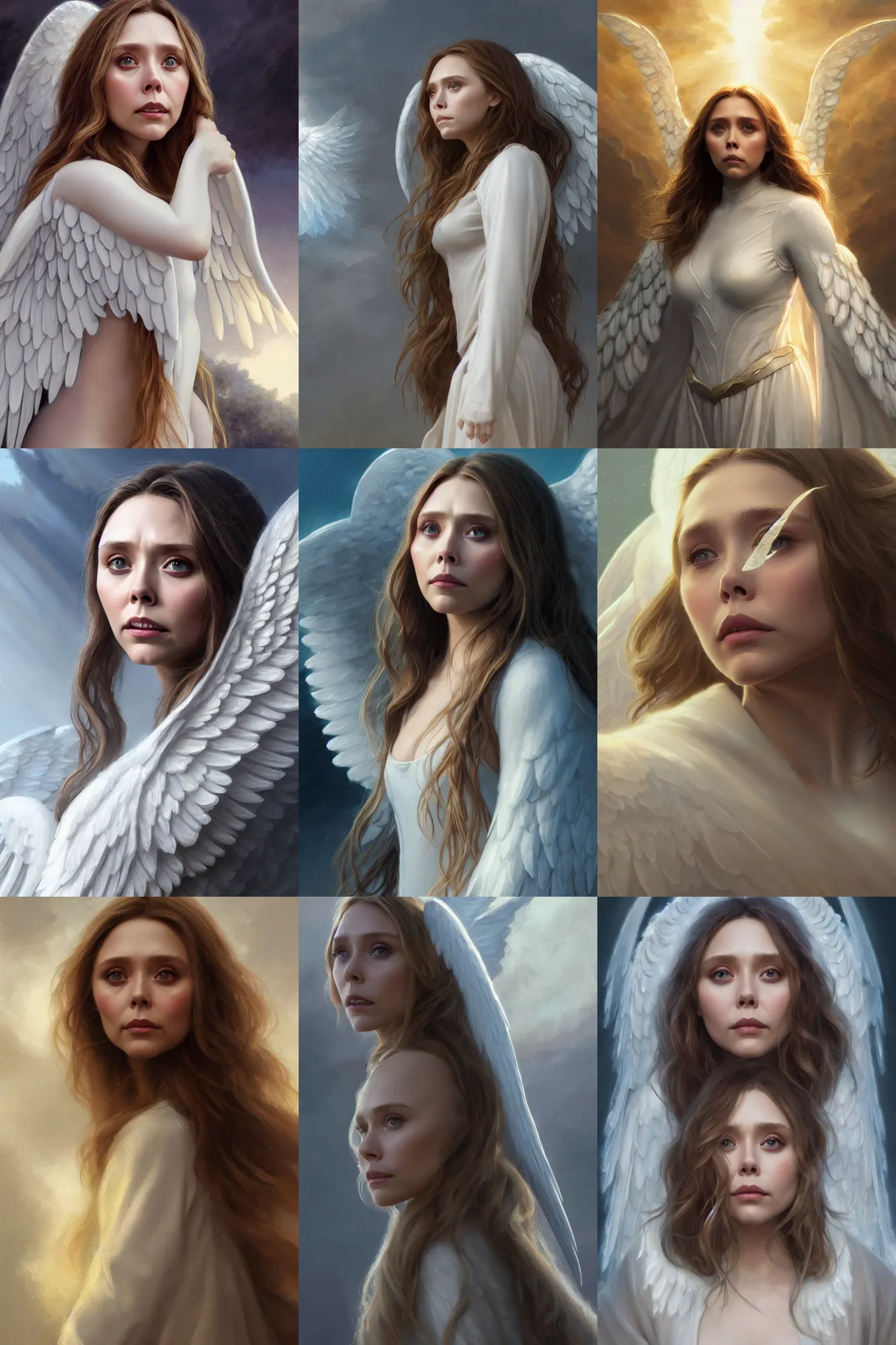 Prompt: elizabeth olsen as a heavenly angel, anatomy, highly detailed, digital painting, artstation, concept art, smooth, sharp focus, illustration, unreal engine 5, 8 k, art by art by artgerm and greg rutkowski and edgar maxence and rgustave courbet