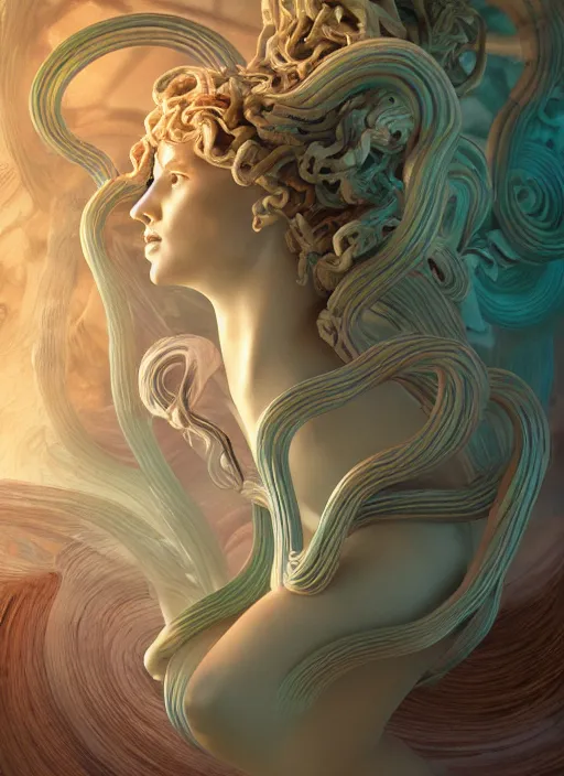 Image similar to medusa made of soft translucent wax, wooden art nouveau swirls, strong subsurface scattering, cables, tubes, subsurface scattering, in the style of ruan jia and beeple and giger, subsurface scattering, mystical colors, back light, rim light, dramatic lighting, 8 k, stunning scene, raytracing, octane render, trending on artstation