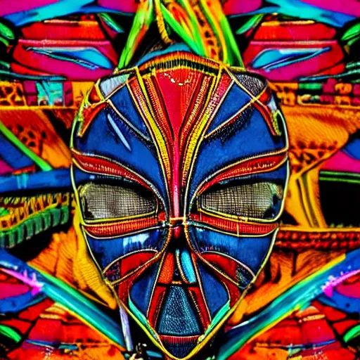 Image similar to a close up of a catchers mask on a colorful african textile background, cyberpunk art by esao, featured on behance, orphism, behance hd, kinetic, trance compilation cd