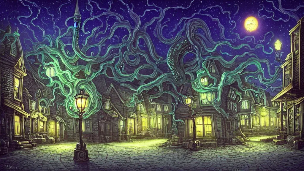 Prompt: a pickle walks in empty lovecraftian town square surrounded by houses and inns.. cthulhu statue.. lovecraftian city at night by cyril rolando and naomi okubo and dan mumford and ricardo bofill.. lovecraft.. cobbled streets.. oil lamp posts.. lovecraftian.. starry night swirly sky.