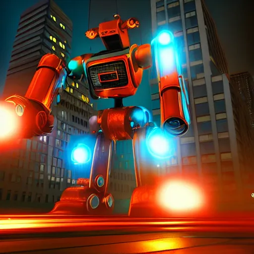 Prompt: Gigantic tin toy robot destroying new york at night, volumetric lighting, low angle looking up, unreal engine, H 1280