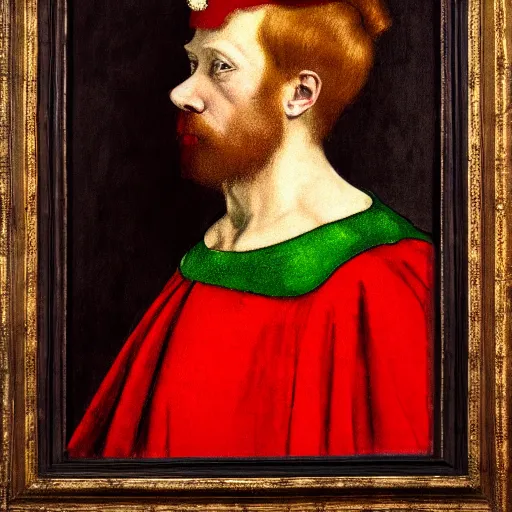 Prompt: a renaissance style full body portrait painting of an extremely muscular red haired man, wearing a crown and green cape, dark background. In the style of Degas.