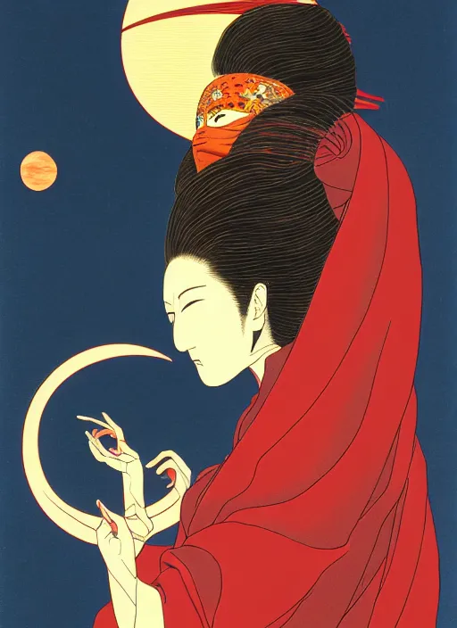 Prompt: portrait of a woman with a mask on his face in the form of a spiral in a golden kimono, full face, against the background of a bright red moon, sad motif, by hisashi eguchi, kentaro miura, and yoshitaka amano, soft colors, futuristic, 8 k