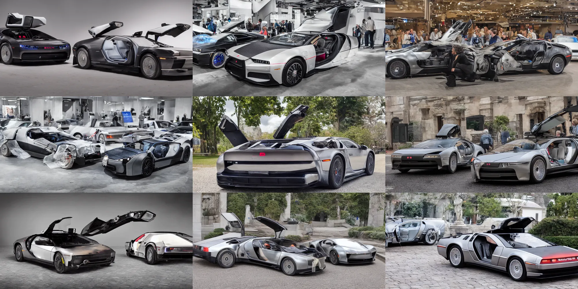 Image similar to a single delorean and bugatti chiron model 3 hybrid, dslr